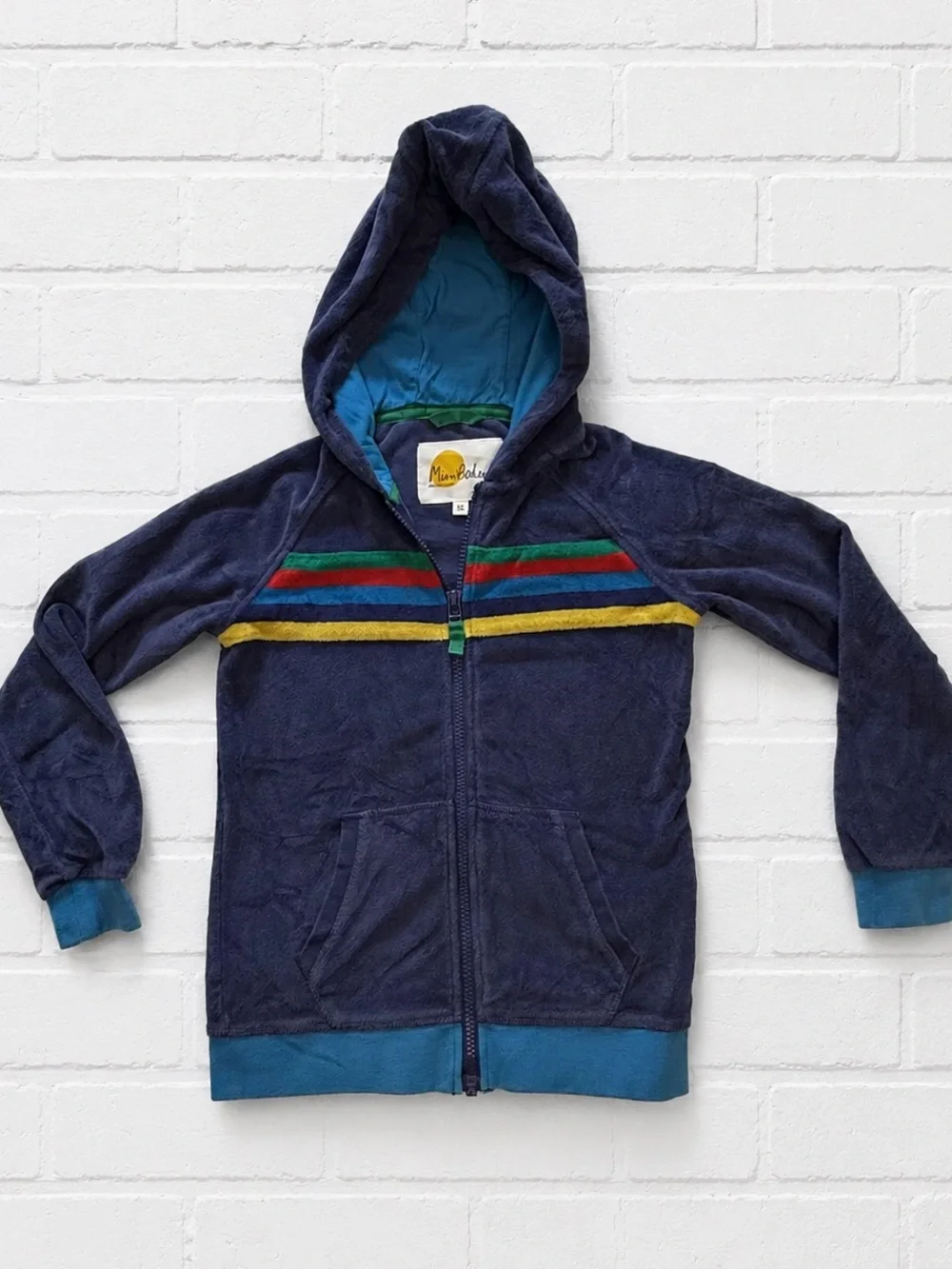 Mini Boden Navy Hooded Zip-Up Jacket with Color Stripes - Kids Sz 7/8